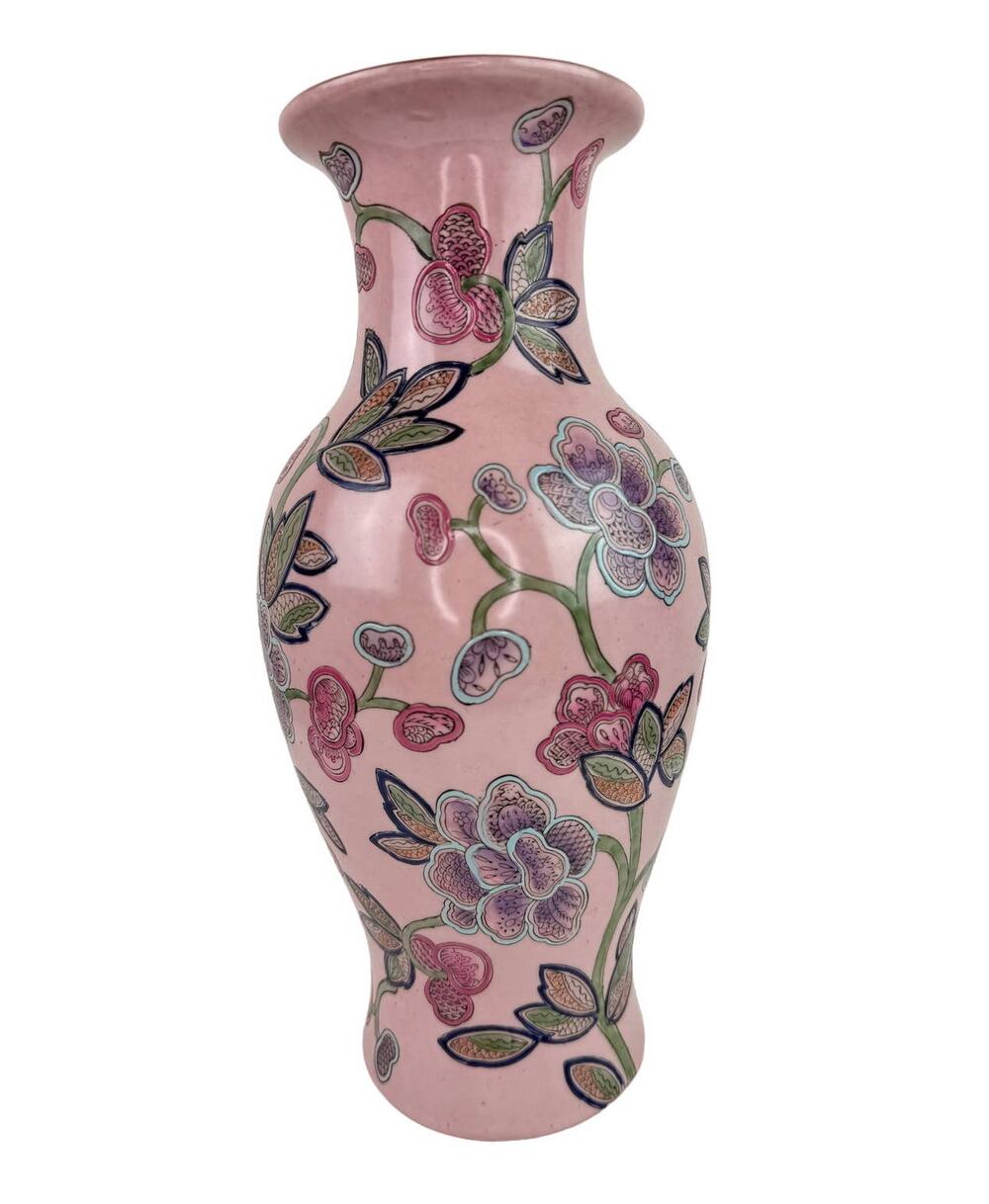 VINTAGE Pink Floral Porcelain Chinese Green Vines Theme Decor Vase Macau 11.5"